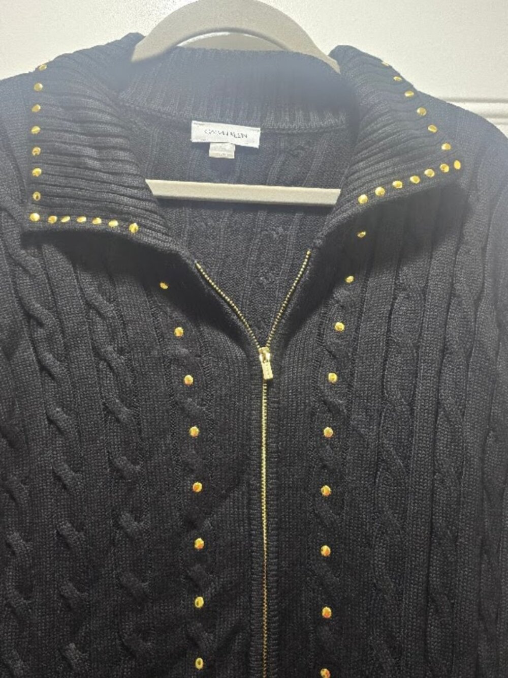 Calvin Klein gold studded zip front black sweater dress size large NEW